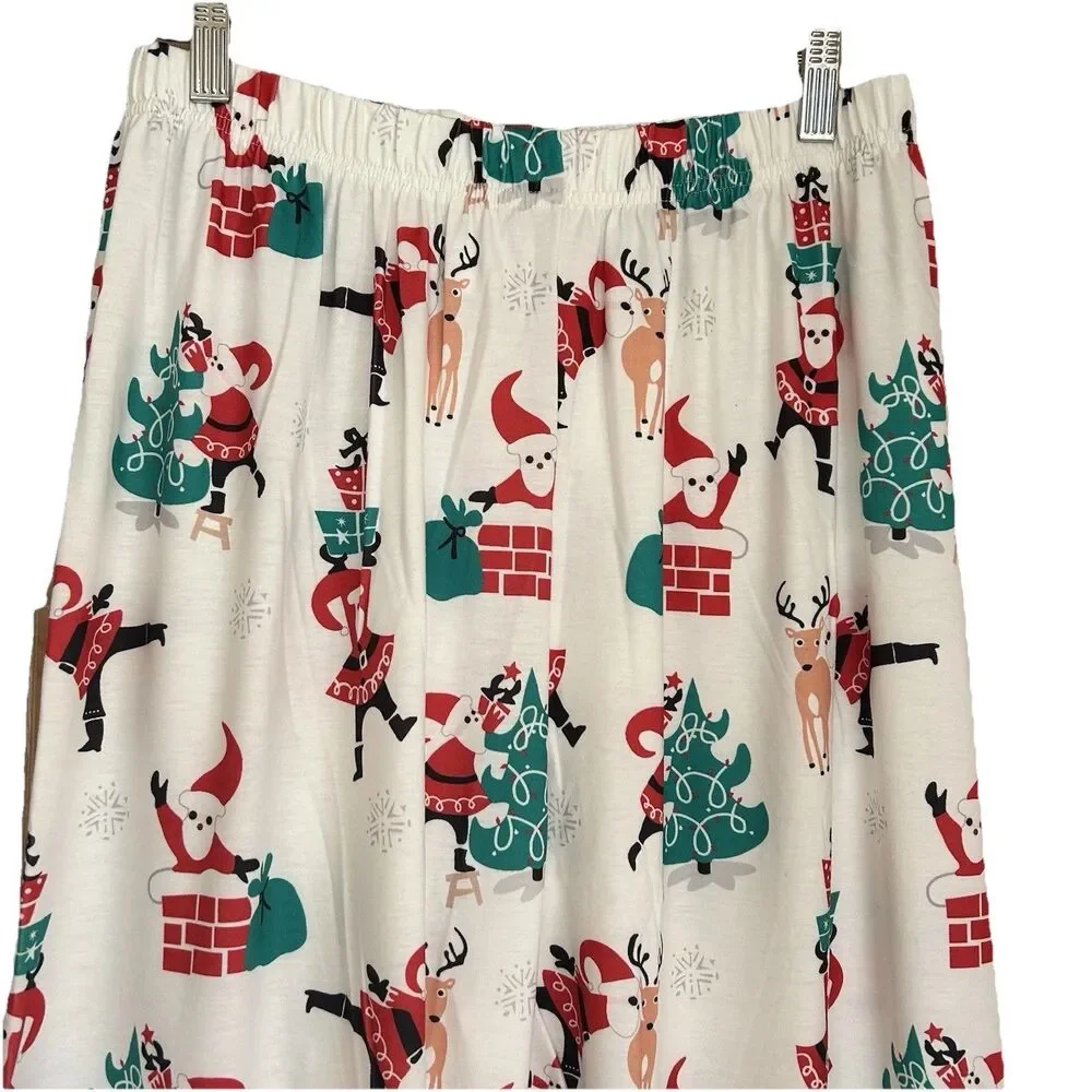 Sheilay Women's Holiday Santa Reindeer Pajama Pants Ivory with Print Sz L